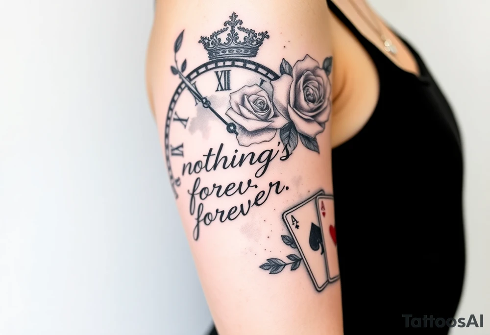 Roman clock with roses and a crown,  a quote that says nothings forever. and on the bottom a deck of cards tattoo idea