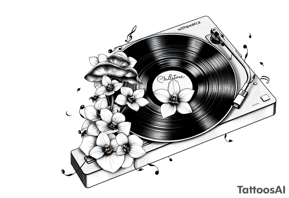 vinyl record player with mushrooms, orchids, and music notes around it tattoo idea