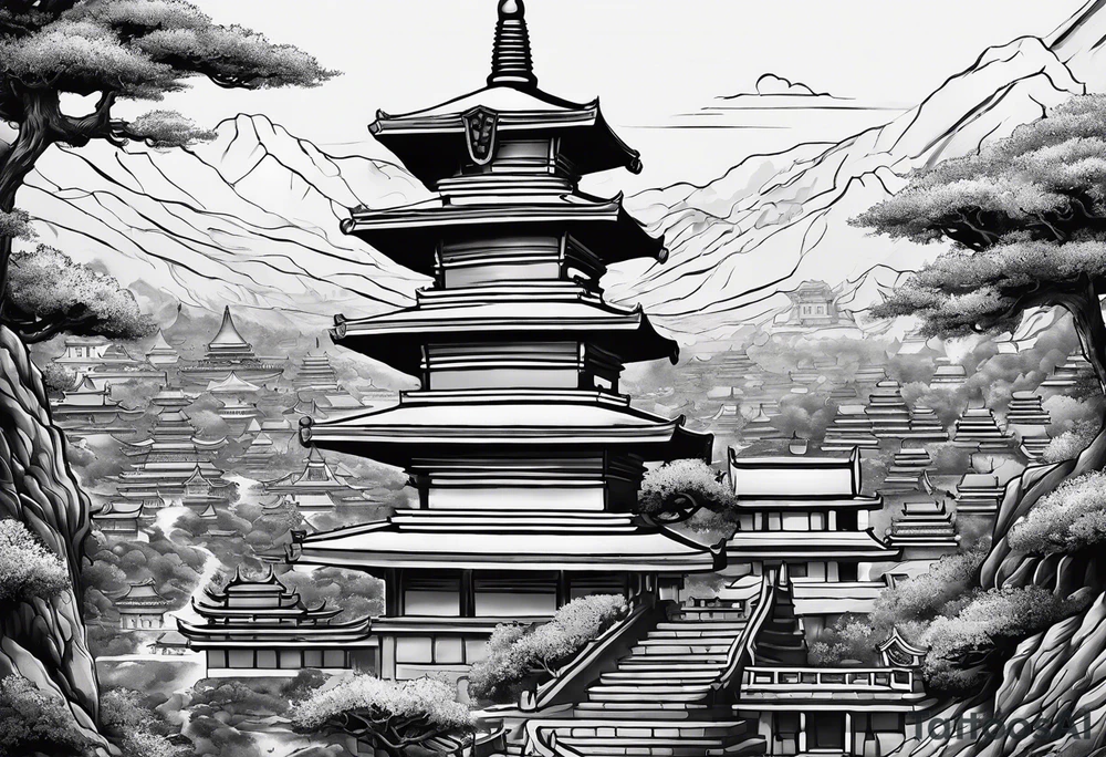 A long tattoo that has a map as a background with a Buddhist round stupa at the bottom tattoo idea