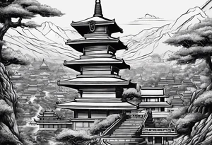A long tattoo that has a map as a background with a Buddhist round stupa at the bottom tattoo idea