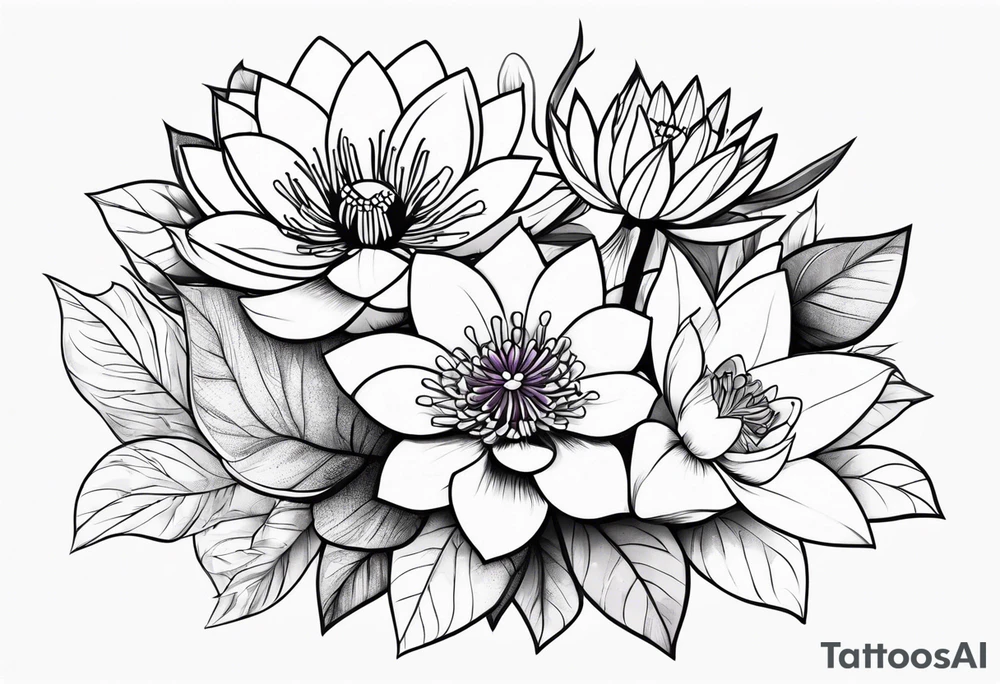 simple flower bouquet with 1 violet, 1 water lilly, and 1 holly tattoo idea
