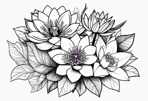 simple flower bouquet with 1 violet, 1 water lilly, and 1 holly tattoo idea