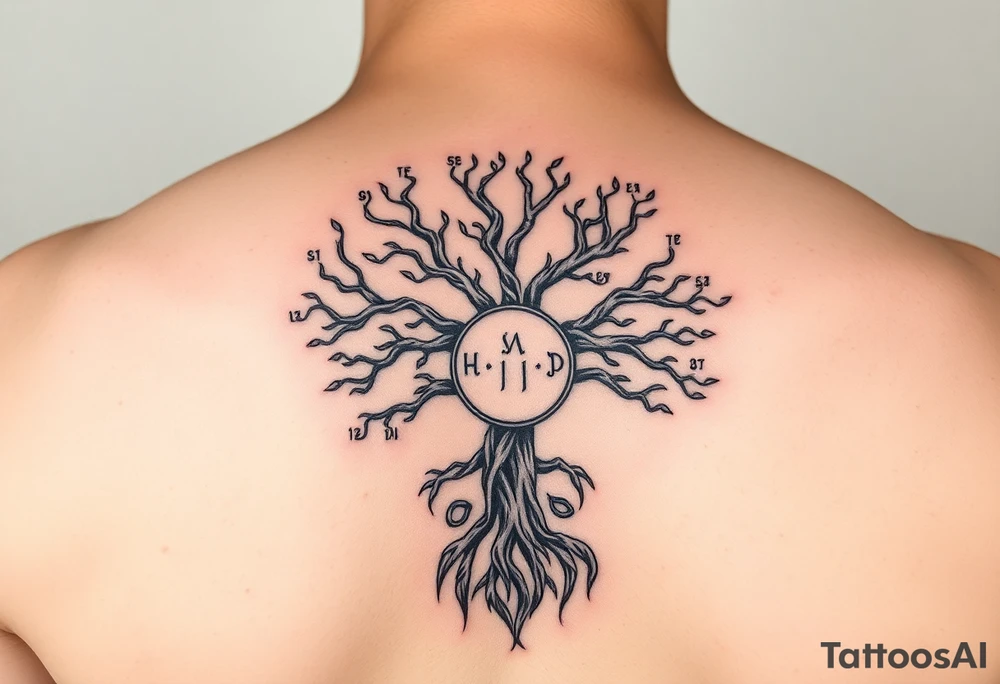 yggadrisl tree of life with circle of runes names Jai, Phoebe, Imogen, Matilda on four branches tattoo idea