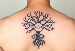 yggadrisl tree of life with circle of runes names Jai, Phoebe, Imogen, Matilda on four branches tattoo idea