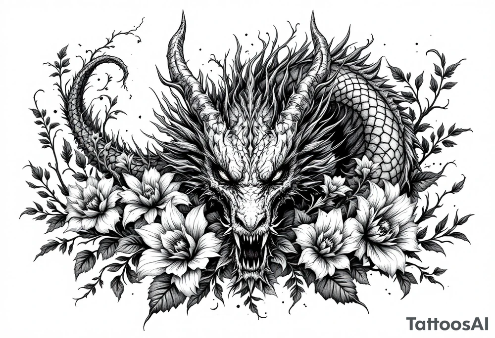 majestic scary dragon with flowers tattoo idea