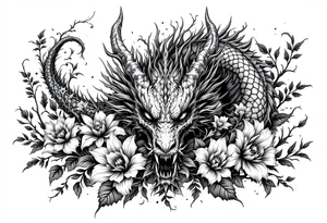 majestic scary dragon with flowers tattoo idea