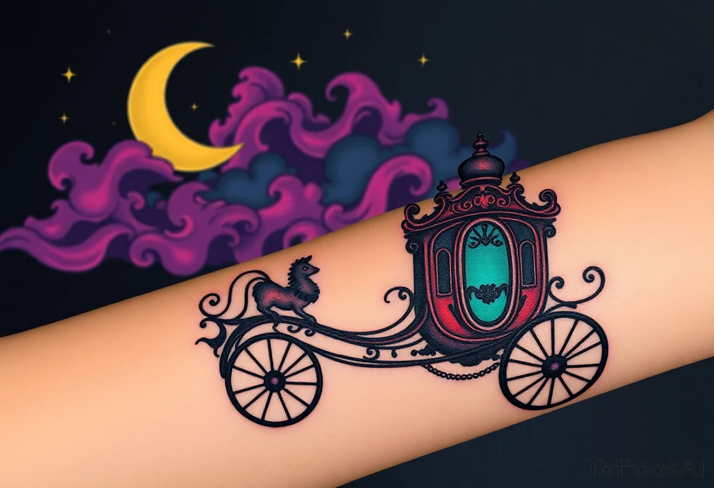 Tim Burton’s haunted victorian carrage is riding in the night and dripping with muted reds, dusty pinks, and eerie green glow.purple and cyan smokey clouds swirl in the crescent moonlit sky thats sprinkled with stars tattoo idea tattoo idea