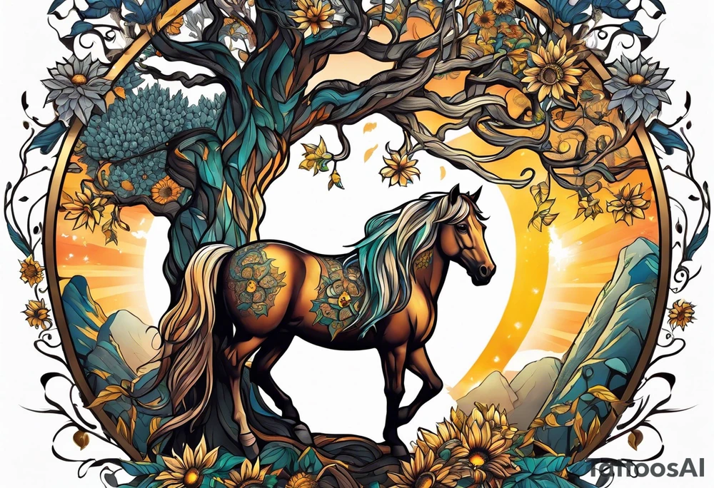 Yggdrasil tree, horse, sunflower tattoo idea