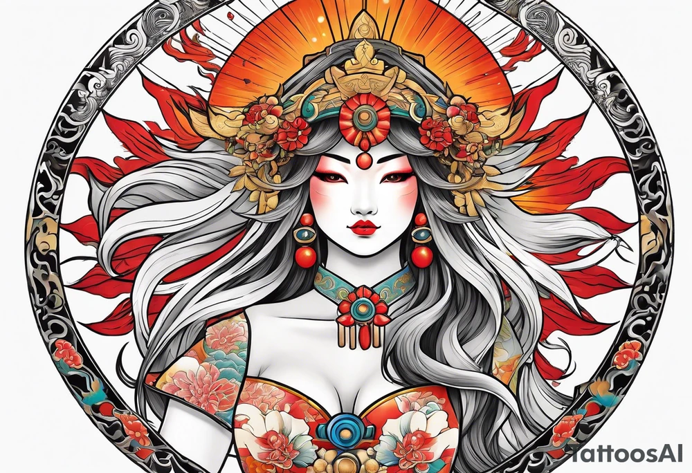 Japanese sun goddess Amaterasu with headdress and mirror tattoo idea