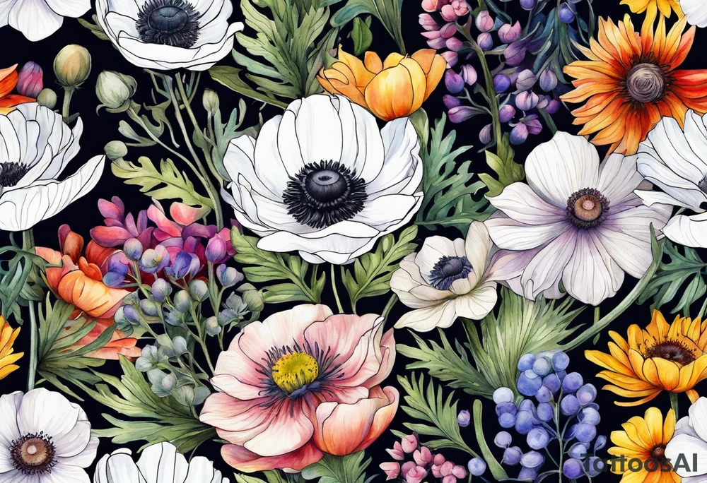 a white anemone with black center in the middle of equal sized mixed colorful wildflowers all with different shapes including thistles, ferns, ranuculus, and sun flowers all in watercolor tattoo idea