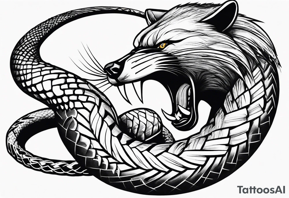 A wolverine animal fighting a snake with a vertical layout to go from shoulder to bicep tattoo idea