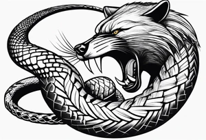 A wolverine animal fighting a snake with a vertical layout to go from shoulder to bicep tattoo idea