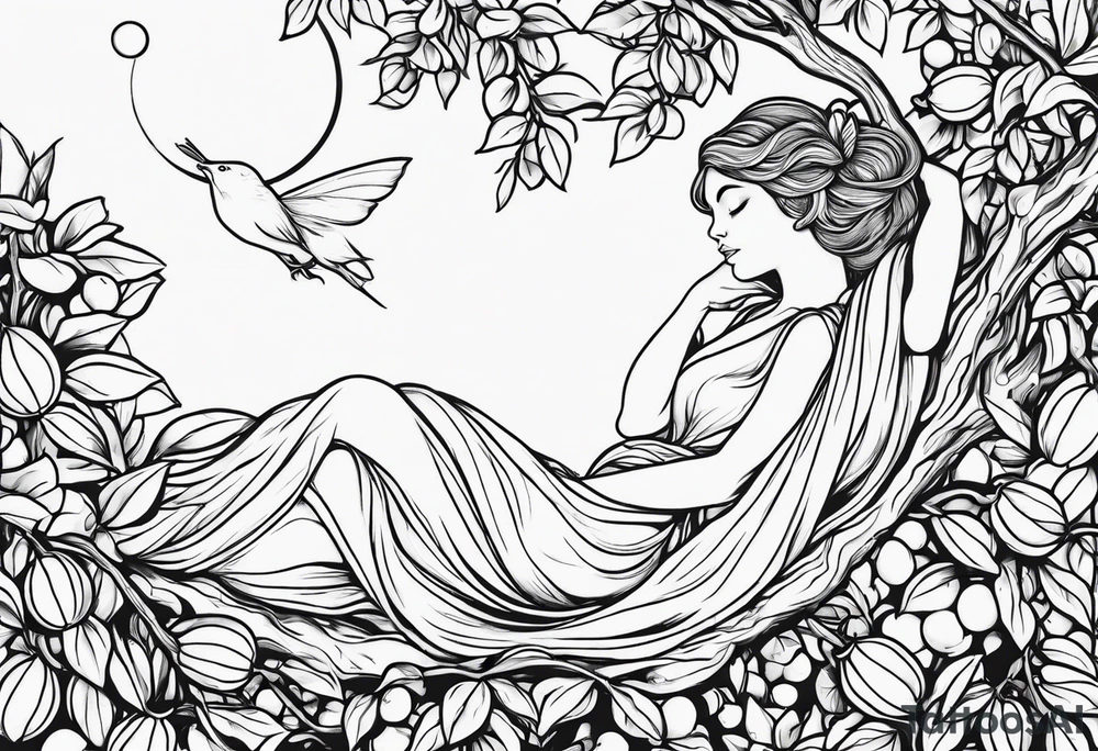 Fairy outline, asleep on the branch of a lemon tree. tattoo idea