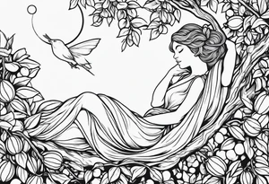 Fairy outline, asleep on the branch of a lemon tree. tattoo idea
