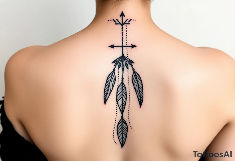 Thin spinal tattoo following down the spine in a native style with multiple different lengths flowing lines made of a discreet connection of morse code ".--- .- --.     .-.. ... -.- .- .-.   -.. .. --.     .-.. .. .-.. .-.. . -... .-. --- .-. forming an arrow connected to flowing feathers hanging from the morse code lines tattoo idea