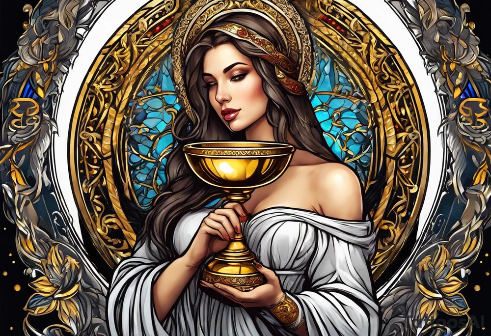 woman saint holding chalice surrounded by golden halo tattoo idea