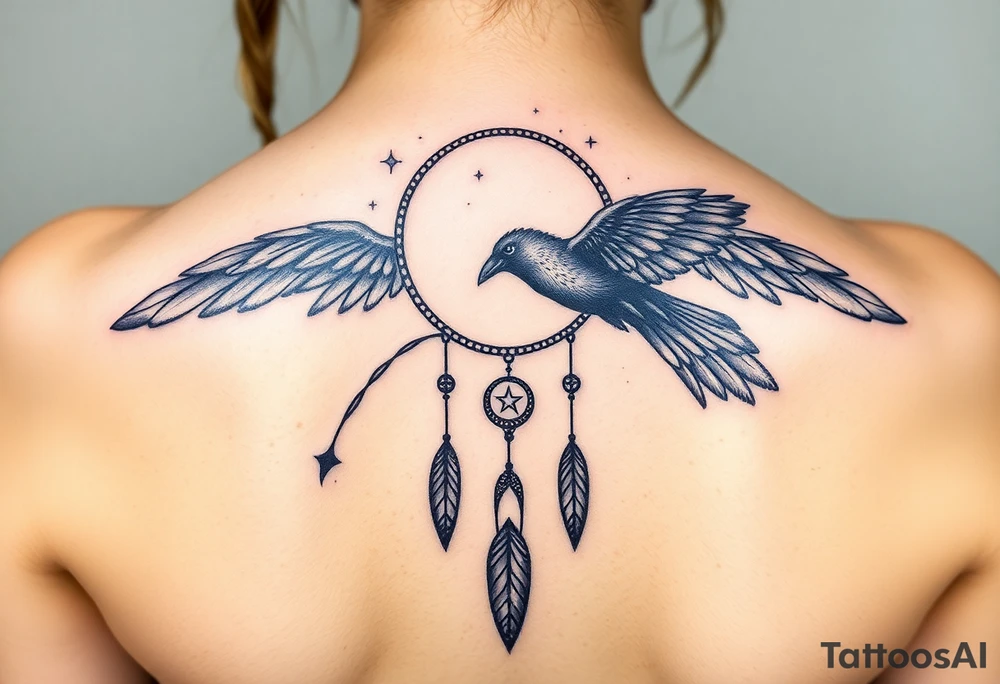 Raven dream catcher milky way moon shooting star tattoo idea