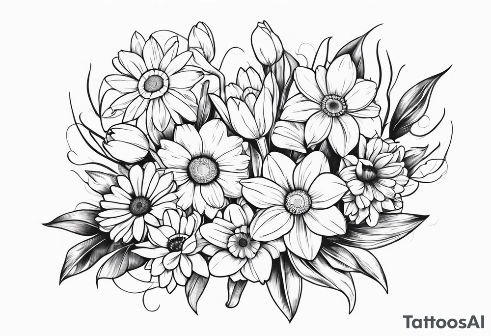 Bouquet of daffodils gerberas and tulips tattoo idea