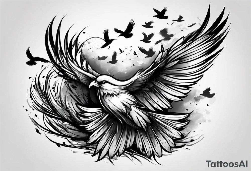 A feather turning into a flock of birds, representing freedom and liberation tattoo idea