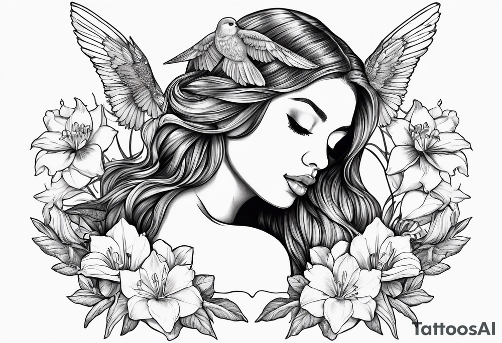 fallen angel with head down and face covered by her hair surrounded by lily, daffodil, rose, daisy, narcissus holding a hummingbird tattoo idea
