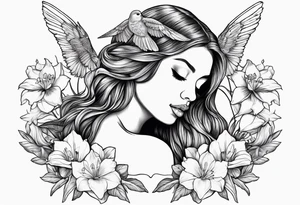 fallen angel with head down and face covered by her hair surrounded by lily, daffodil, rose, daisy, narcissus holding a hummingbird tattoo idea