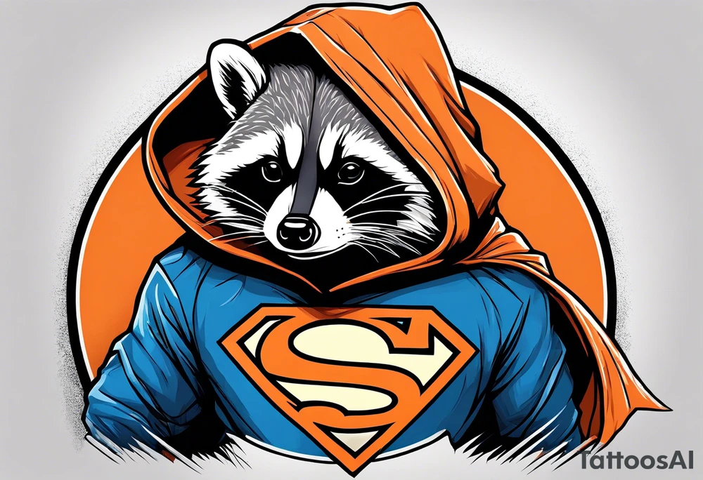 Raccoon wearing an orange Superman hoodie tattoo idea