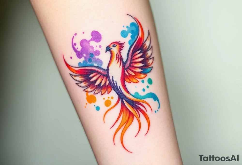 Phoenix in fire with purple, blue, orange, teal and green splashes, looking up tattoo idea