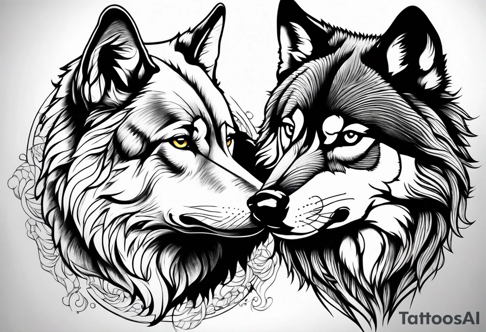 Realistic male wolf and female wolf 
bonding tattoo idea