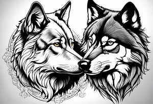 Realistic male wolf and female wolf 
bonding tattoo idea