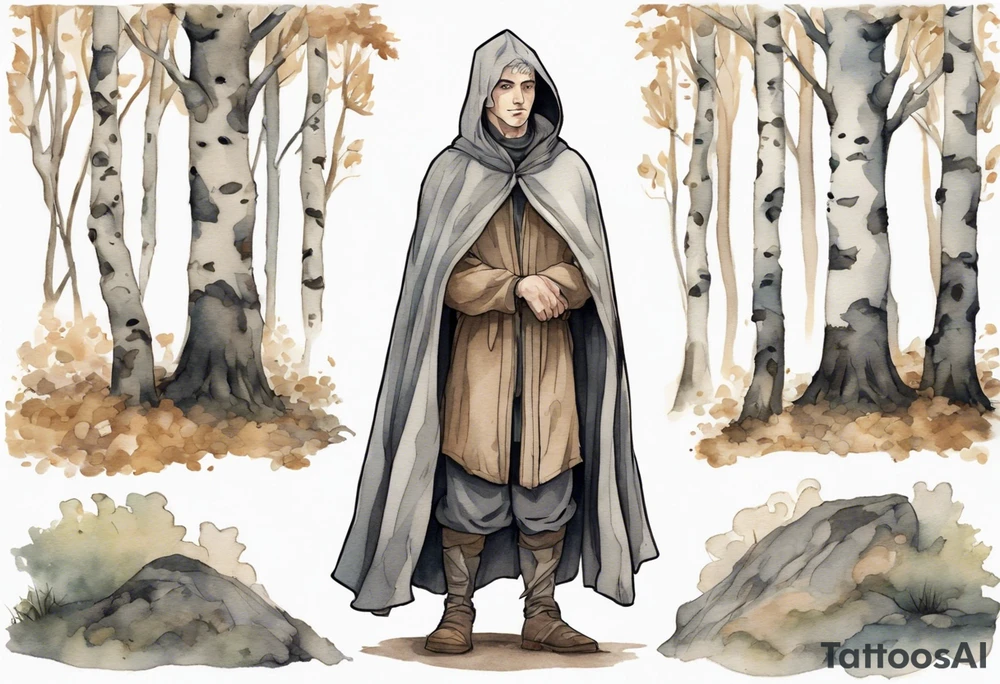 a solitary medieval Tan France wearing a grey cloak standing in a birch forest tattoo idea