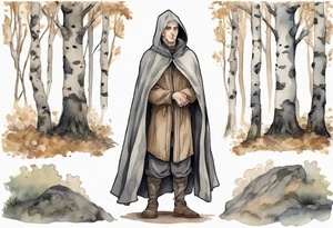 a solitary medieval Tan France wearing a grey cloak standing in a birch forest tattoo idea