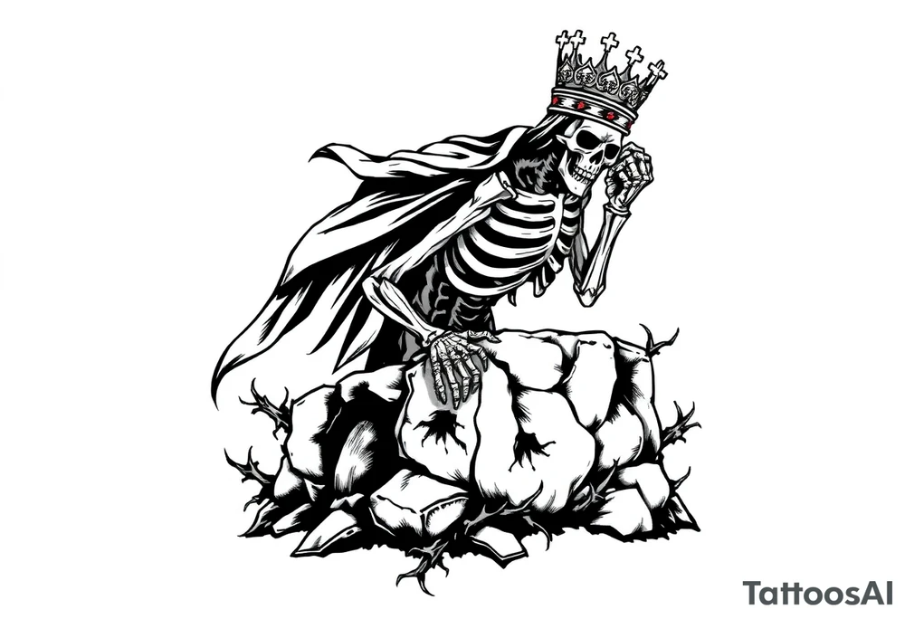 A crowned skeletal warrior rising from a stone barrow, cloaked in shadows and thorns. tattoo idea