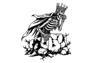 A crowned skeletal warrior rising from a stone barrow, cloaked in shadows and thorns. tattoo idea