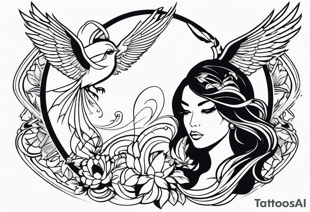 Pretty lady and phenix bird tattoo idea