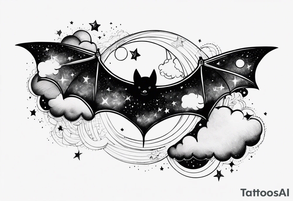 A bat wrapped in clouds and smoke with stars and sparkles and a moon tattoo idea