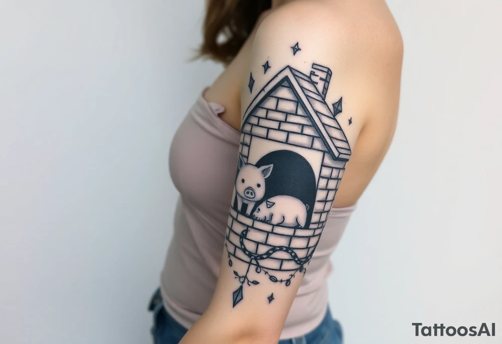 Three little pigs nursery rhyme hiding in a brick house from the big bad wolf tattoo idea