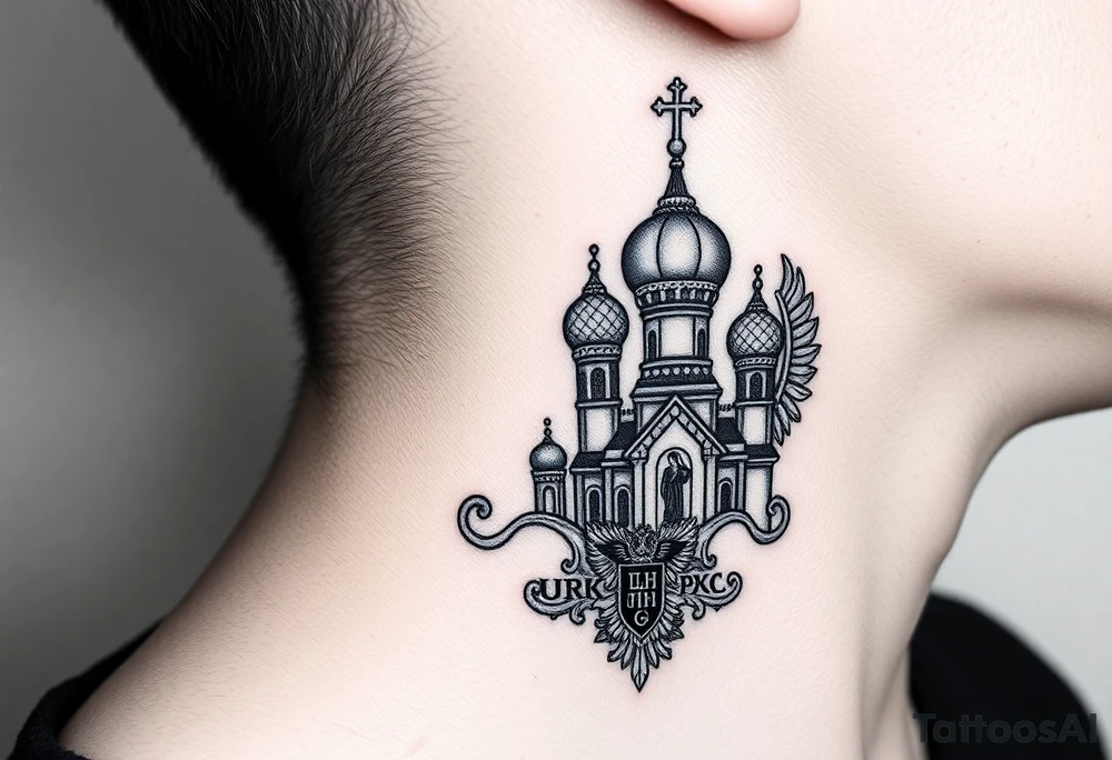 russian coat arms in a russian christian orthodox style virgin mary & orthodox dome church on the side of the neck tattoo idea
