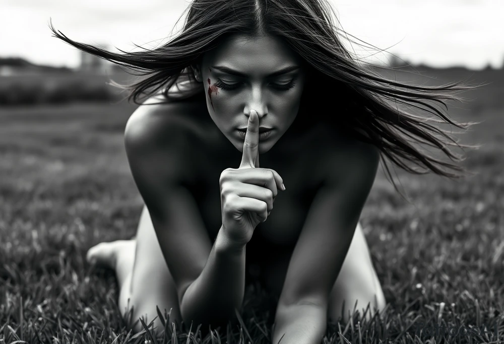 Theme: A powerful portrayal of the "See No Evil, Hear No Evil, Speak No Evil" concept, interpreted as a deliberate choice of selective perception and silence. The direct gaze and front-facing pose draw the viewer into her deliberate act of willful ignorance and secrecy.
Placement:  full front / full front thigh piece
Style realism black and grey).
Vibe: Striking,beautiful, and serene.
The Woman:
Pose: Kneeling on the grass, facing fully forward toward the viewer. The depiction will focus on her face, neck, upper chest, and torso.
Hair: Long hair flows forward and out to the sides, caught by the wind. It frames her face and shoulders.
Face - Eyes: Eyes are closed, emphasizing her active choice to close herself off.
Face - Nose/Mouth: A finger is held vertically to her lips in a "shush" or "don't speak" gesture, prominently visible centered on 
  Ears are seen bleeding and blood stains in the side in her left cheek 
Background/ Environment:
 Lush green grass where she is kneeling, at the very bottom of the composition.
Flowers roses and Beautiful  plumeria flowers bloom around her kneeling form,  framing her hips or flowing near the grass line. As the sun is setting 
Butterflies: Different sized butterflies flutter in the space around her chest and hair, adding organic movement.
Essential References & Inspiration
Examples of hair blowing forward in the wind, framing the face and chest.
Specific examples of the "shush" finger-to-lips pose from a front angle.
 pink plumeria and various butterflies. tattoo idea