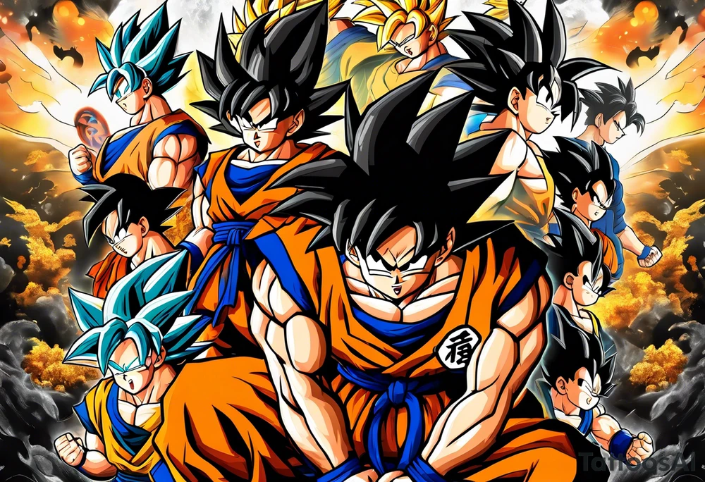 Son-Goku as a super saiyajin is in the middle and black Silhouettes of Gokus friends are surrounding him and covering his back tattoo idea