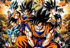 Son-Goku as a super saiyajin is in the middle and black Silhouettes of Gokus friends are surrounding him and covering his back tattoo idea