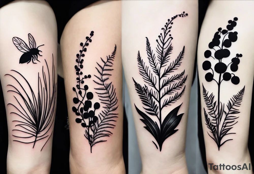 forest floor inspired minimalist tattoo, which includes grass, curly ferns, moss and dead leaves as the bulk of the tattoo. details to include: forest berries, a tiny bumblebee flying nearby, three small brown mushrooms
Generate a vertically long one tattoo idea