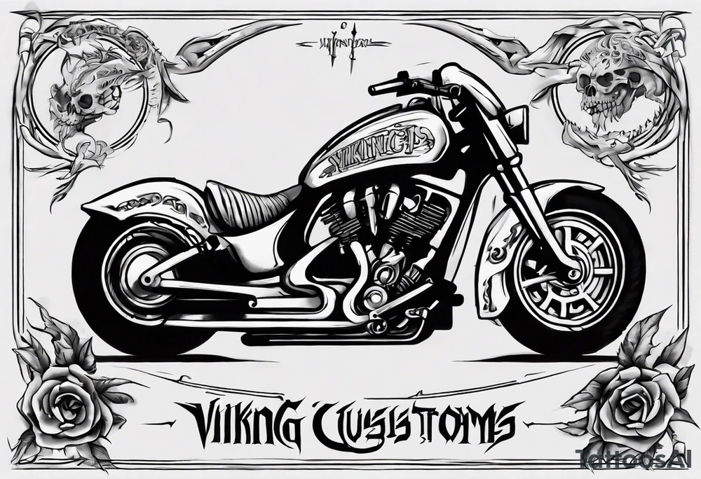 Create a tattoo design of my company called “Viking Customs” i want the name in the tattoo with a skeleton riding a motorcycle tattoo idea