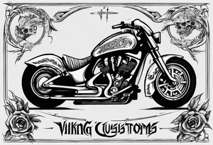 Create a tattoo design of my company called “Viking Customs” i want the name in the tattoo with a skeleton riding a motorcycle tattoo idea