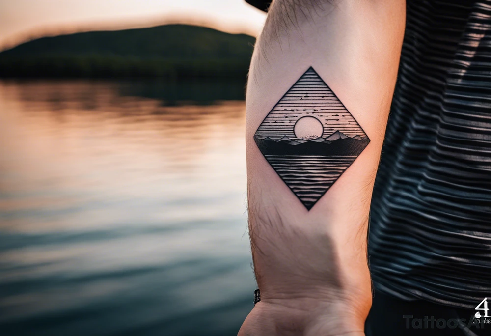 Minimalistic, black and white tattoo on male forearm. From the perspective of being on the ocean, the water is calm, with no waves in sight, the sun is setting behind the ocean, reflecting light onto the water. The tattoo in the shape of a rectangle, 4 inches wide by 2 inches tall. tattoo idea