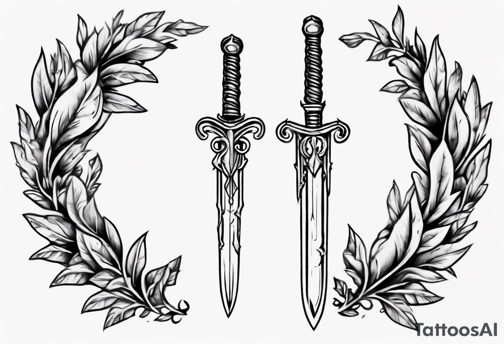 A sword and the number 13 in the middle of a laurel leaf wreath tattoo idea