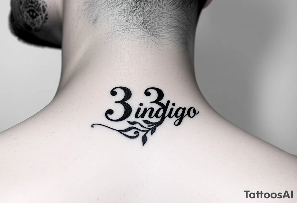 Spiritual number 333 with the name indigo in it small to medium tattoo on right side of 
neck tattoo idea