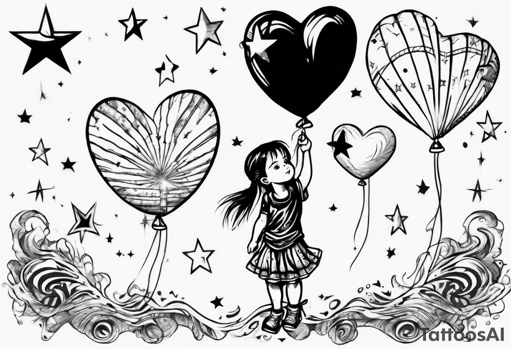 Little girl holding on to heart and star balloons and going up to the sky tattoo idea