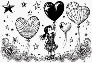 Little girl holding on to heart and star balloons and going up to the sky tattoo idea