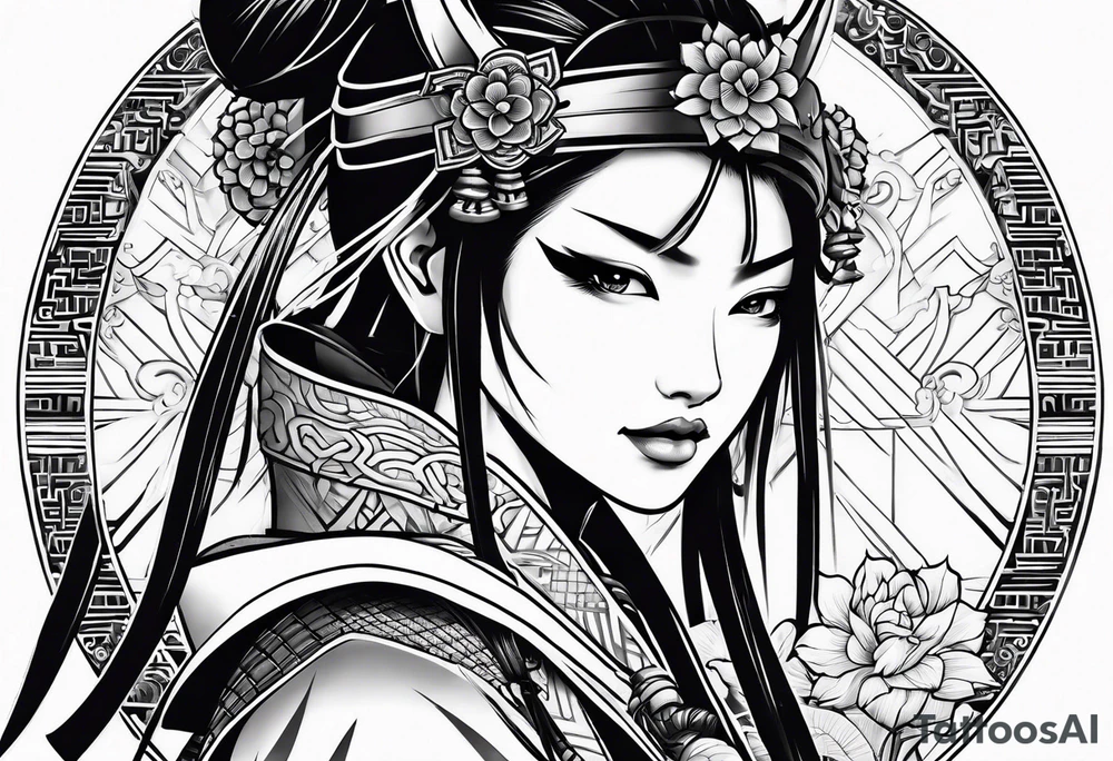 female samurai neotribal tattoo idea