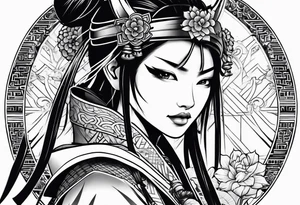 female samurai neotribal tattoo idea